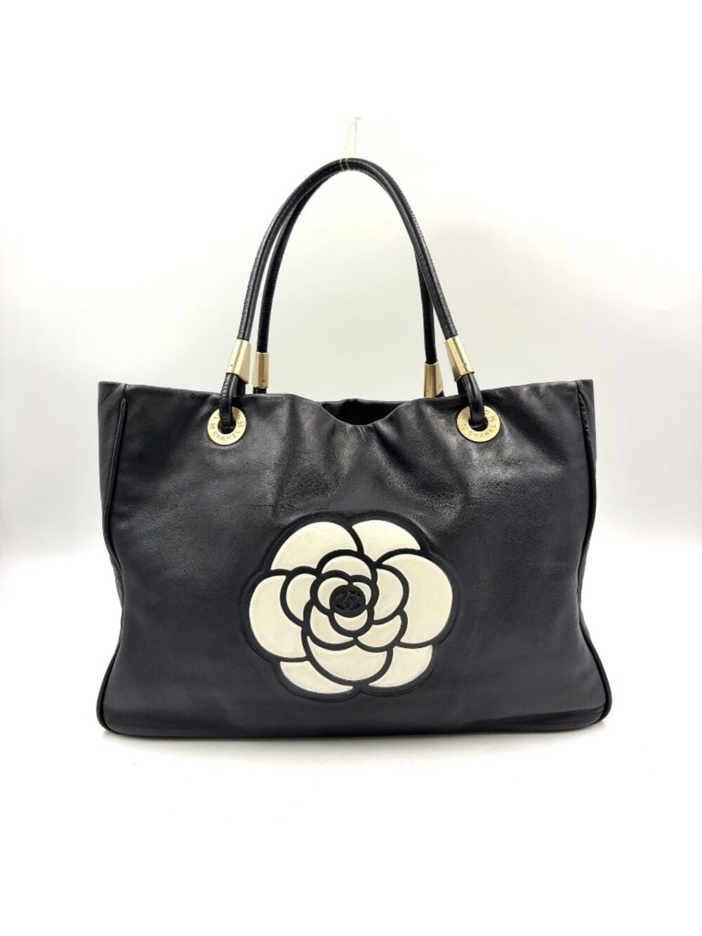 Chanel Camellia Logo Lambskin Black Tote Bag Gold